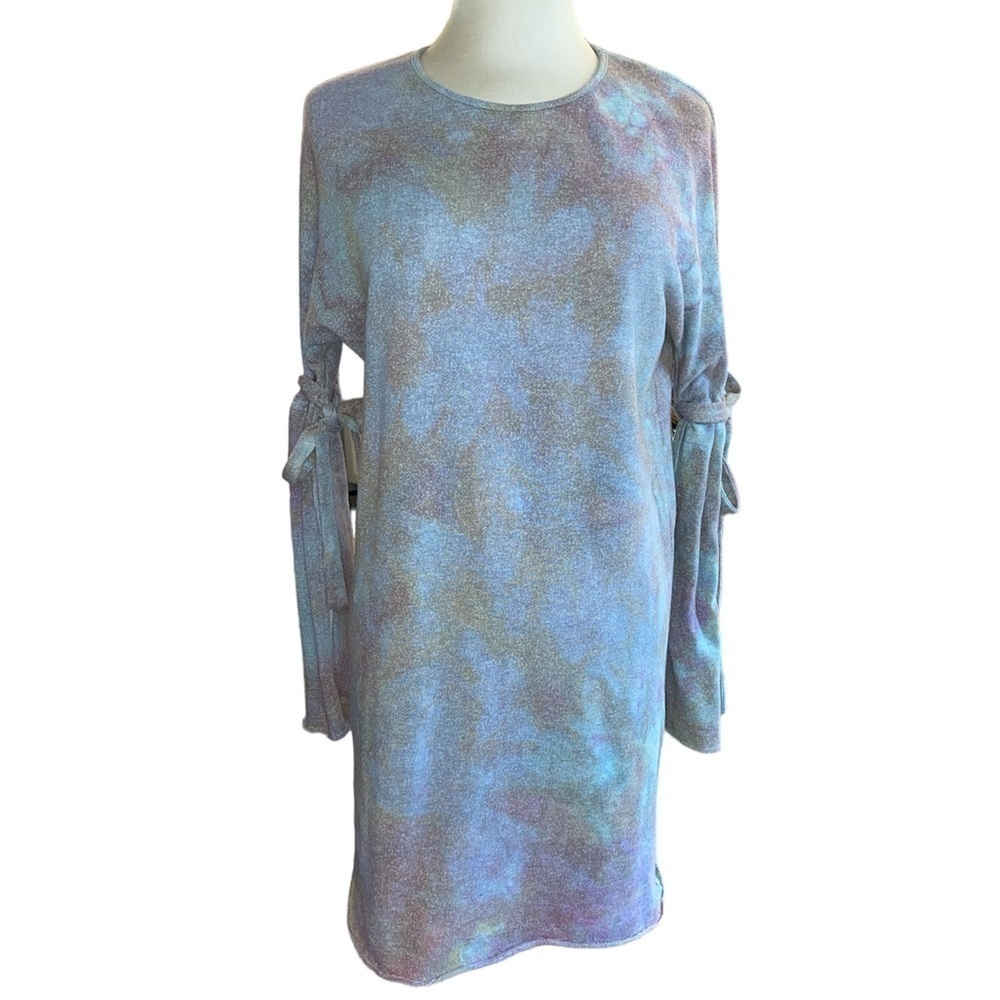 OneTheLand dress long sleeve unfinished hem rounded neckline sleeve ties Sz MD